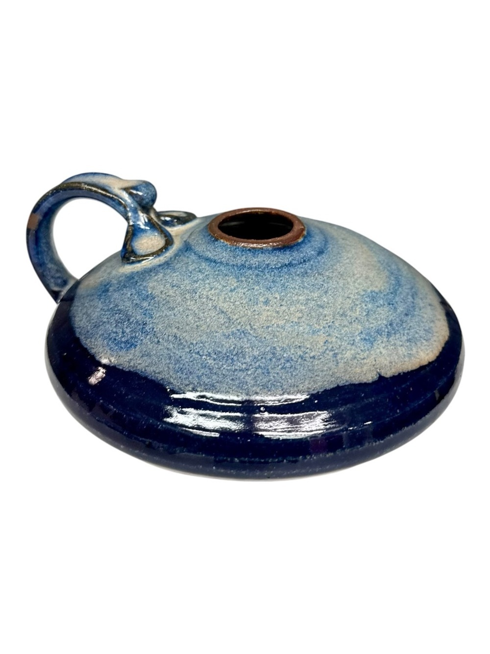 Vintage JF Blue Glazed Stoneware Handled Bud Vase Pottery Vessel